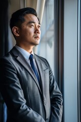  Portrait of an Asian CEO looking out of a window, Generative AI