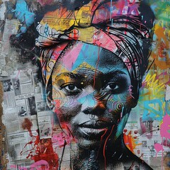 Dreamy African Woman Surrounded by Graffiti and Newspapers