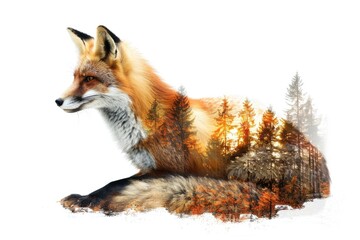 Fototapeta premium Majestic Double Exposure Fox Blended with Forest Landscape