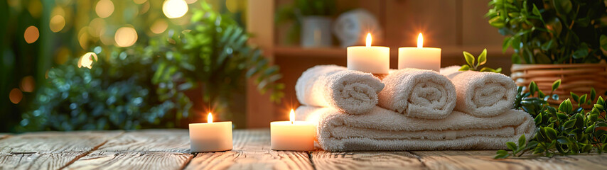 Serene Spa Ambiance with Soft Glow of Candles and Plush White Towels