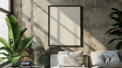 Decorating the room in the house with empty black photo frames and ornamental plants on cream-colored walls