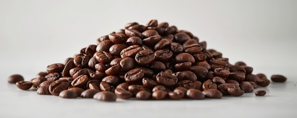 Fototapeta premium Pile of roasted coffee beans on a white background close-up.
