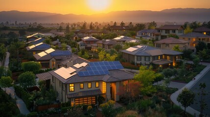 Obraz premium Solar-powered homes, suburban area, sunrise, bird's-eye view, energy efficiency, vibrant reflections, wide-angle shot