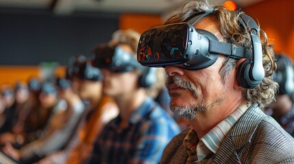Professor leading a virtual lecture with students participating from around the world through immersive VR headsets