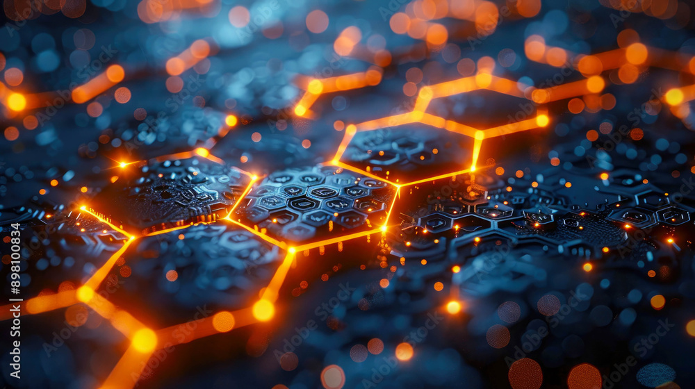 Poster a close-up of a hexagonal network structure with glowing orange edges and blue-tinted glass-like cel