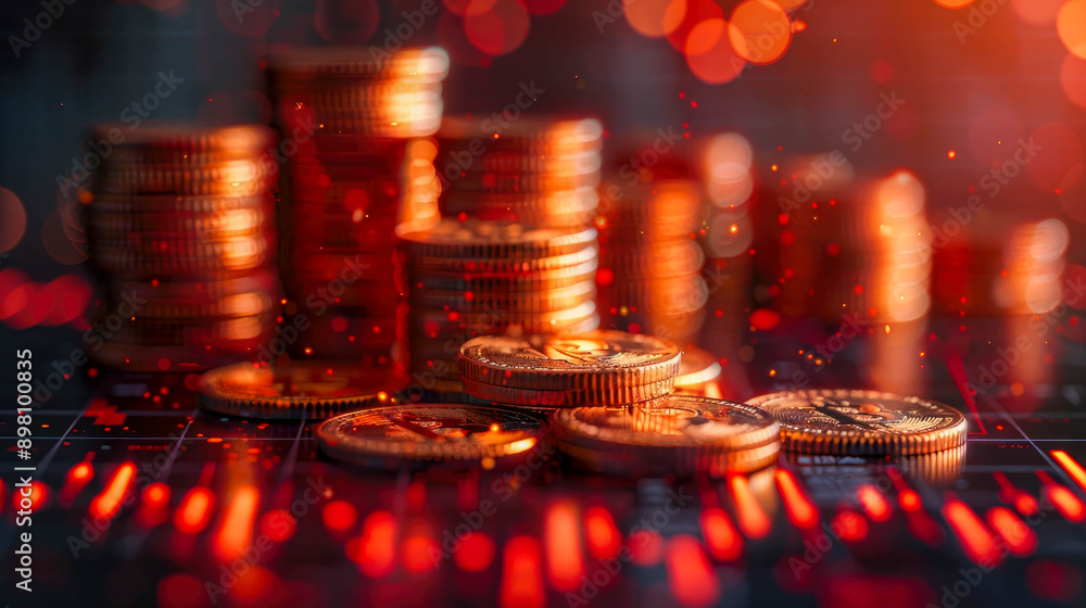 Poster several stacks of golden coins on a dark surface adorned with glittering confetti, with a warm bokeh
