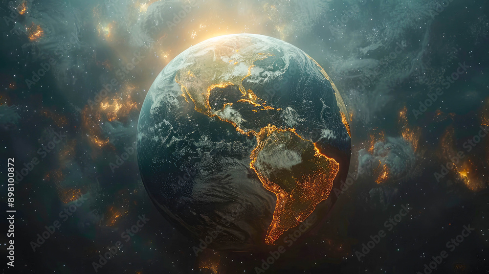Poster a digitally rendered globe with bright, interconnected points and lines symbolizing global communica
