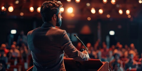 Man speaking at event, microphone stand in front of audience.