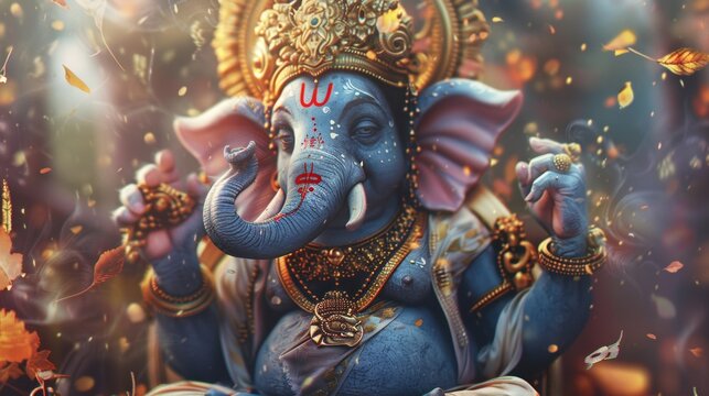 Lord Ganesha with blue skin, calm face, golden crown, white dhoti.