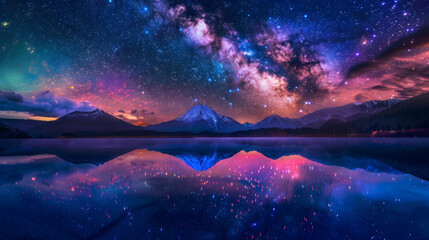 Fototapeta premium Fireworks burst into colorful explosions in the night sky, reflected in the still waters of a lake below.
