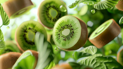 Close up of kiwi fruit slices floating in the air