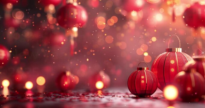 Design a festive Chinese New Year background, featuring traditional red and gold colors, lanterns, and auspicious symbols to capture the joyous spirit of the celebration, 2025