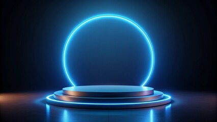 A circular blue neon podium with a halo effect, set against a dark, illuminated backdrop with minimalistic design elements, ideal for a modern and stylish presentation.
