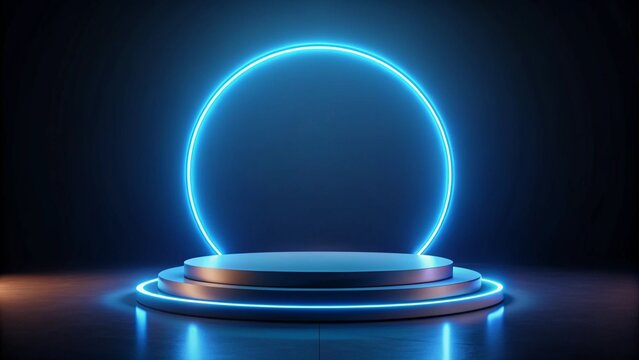 A circular blue neon podium with a halo effect, set against a dark, illuminated backdrop with minimalistic design elements, ideal for a modern and stylish presentation.