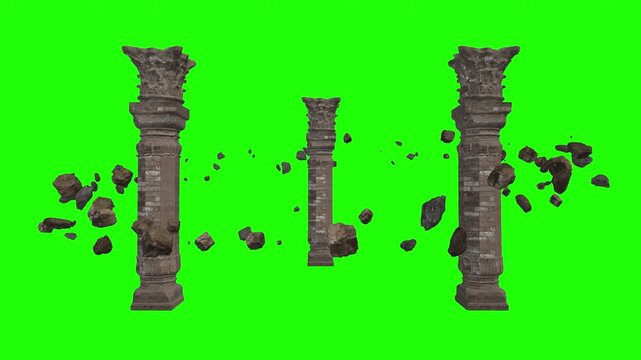 Stones flying and spinning in the air around the Roman columns, Realistic animation of stones on green screen, 3D rendering