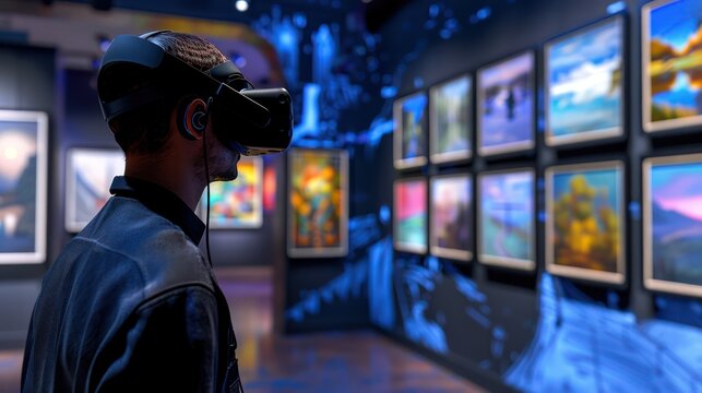digital art auction house where bidders participate through virtual reality, viewing and bidding on artworks in a simulated gallery space