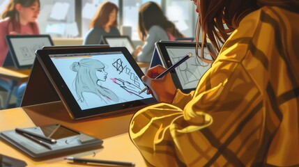 digital art classroom where students use tablets and digital pens to learn drawing techniques and create digital artworks