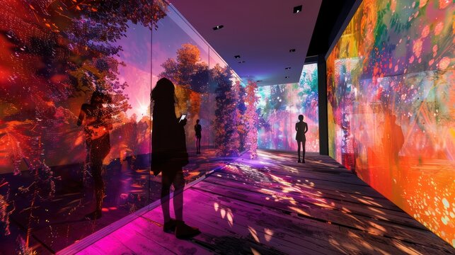 digital art exhibit where visitors interact with installations using smartphones to manipulate and personalize the artwork