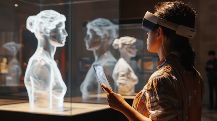 digital art installation where visitors use augmented reality apps to enhance and interact with physical sculptures