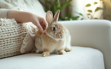 Closeup hand petting rabbit