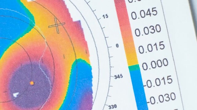 Results of the examination of the thickness and curvature of the cornea in a patient with keratoconus.