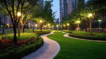 Illuminated Pathway Through a Serene Park