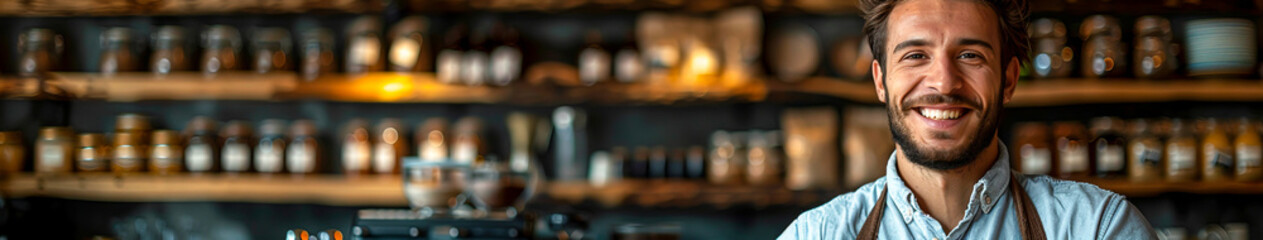 Obraz premium Smiling Barista Showcasing Professional Coffee Making Skills