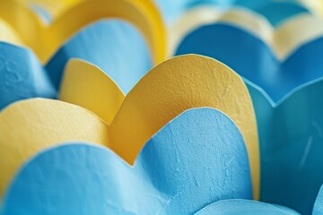 Fototapeta premium Vibrant abstract paper art with yellow and blue shapes. Contemporary design. Great for backgrounds and creative projects. Colorful and eye-catching. Suitable for digital use. Generative AI.