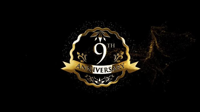 Animation 9th Years Wedding Anniversary Video, Golden 9 Year Anniversary, Celebration 9th Years Wedding Anniversary Golden Text Animation Effects On Black Background 