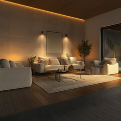Fototapeta premium modern living room interior with minimalist furniture, warm lighting, a stylish sofa, and a coffee table 