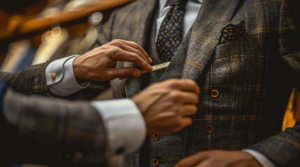Man Adjusting His Plaid Suit Jacket With A Measuring Tape