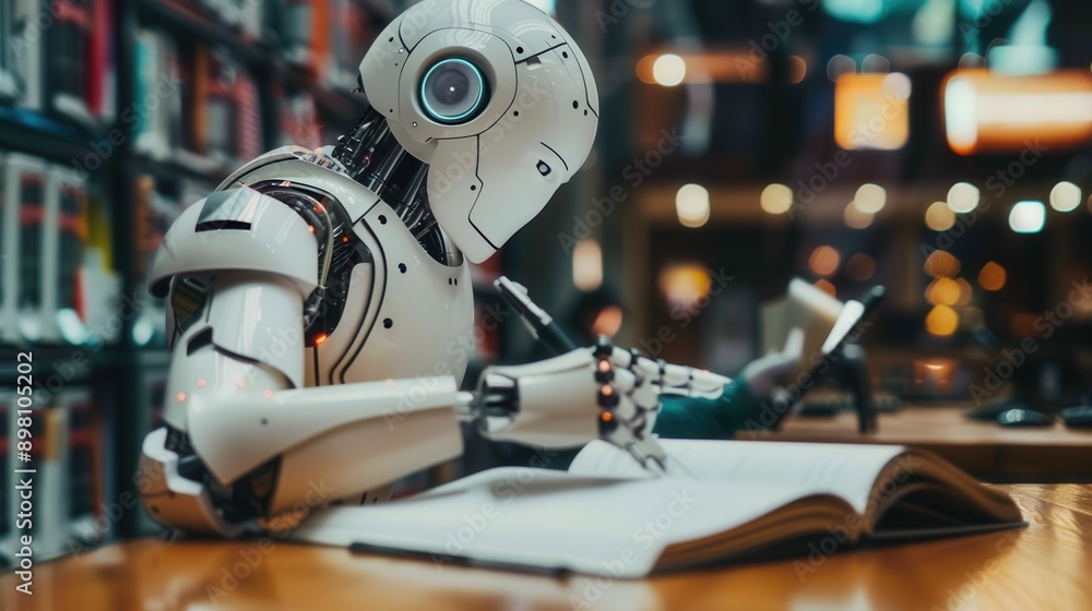 Fototapete a white robot sits at a desk in a library, writing in an open book. the robot is wearing a white hel