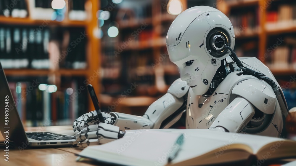 Poster An AI robot sits at a desk in a library, working on a laptop and taking notes in a notebook. Generative AI
