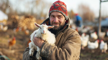 Farmer holds goat on a chicken eco-farm where chickens can move freely.