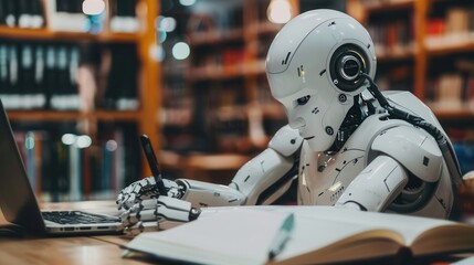 Fototapeta premium An AI robot sits at a desk in a library, working on a laptop and taking notes in a notebook. Generative AI