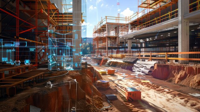 digital construction site where engineers use augmented reality to overlay plans and ensure precision during building