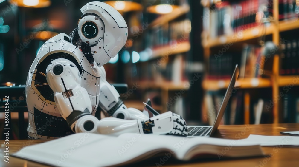 Leinwandbilder a white artificial intelligence robot sits at a table in a library, typing on a laptop and writing i