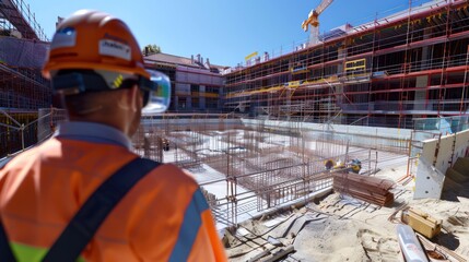 Fototapeta premium digital construction site where engineers use augmented reality to overlay plans and ensure precision during building