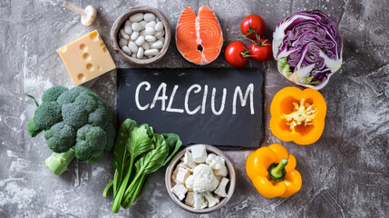 Foods rich in Calcium displayed on a grey table.