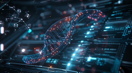Futuristic DNA Helix with glowing particles and digital interface.