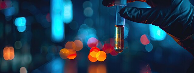 Test tube in the laboratory in hands. Selective focus.