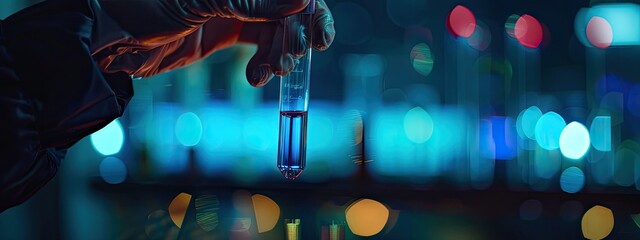 Test tube in the laboratory in hands. Selective focus.
