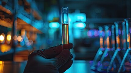 Test tube in the laboratory in hands. Selective focus.
