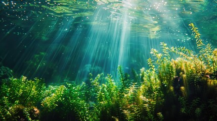 Obraz premium The vibrant and diverse underwater world, filled with sunlight filtering through the water, illuminating a coral reef and seaweed.