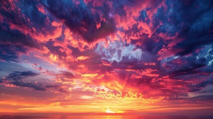 Obraz premium Beautiful sunset sky with layers of colorful clouds, from deep reds to soft purples, creating a breathtaking view with this inviting photo.
