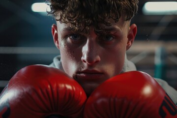 Young male boxer in protective gloves, poised and focused, preparing for a professional fight. Sparring, training, or competition atmosphere.