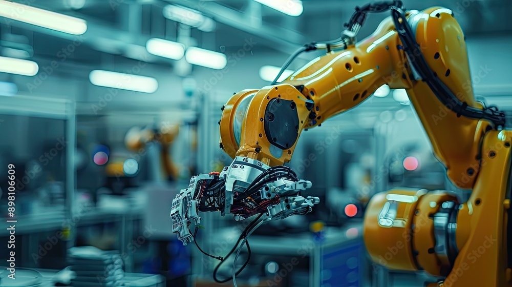 Poster close-up of a mechanized robot arm in a production facility, illustrating its advanced capabilities 