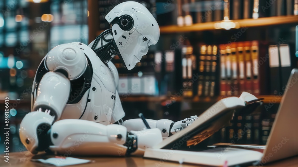 Poster a white humanoid robot sits at a desk, writing in a notebook with a pen. generative ai