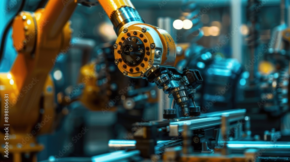 Poster close-up of a robot arm in a mechanized industry environment, showcasing the intricacies of industri