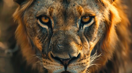 Close-up of a lion's face, with a piercing gaze and a hint of a snarl, capturing its majestic yet perilous nature with this inviting photo.
